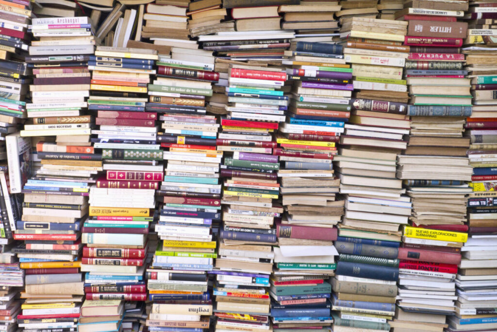 Stacks of books are seen in a shop.