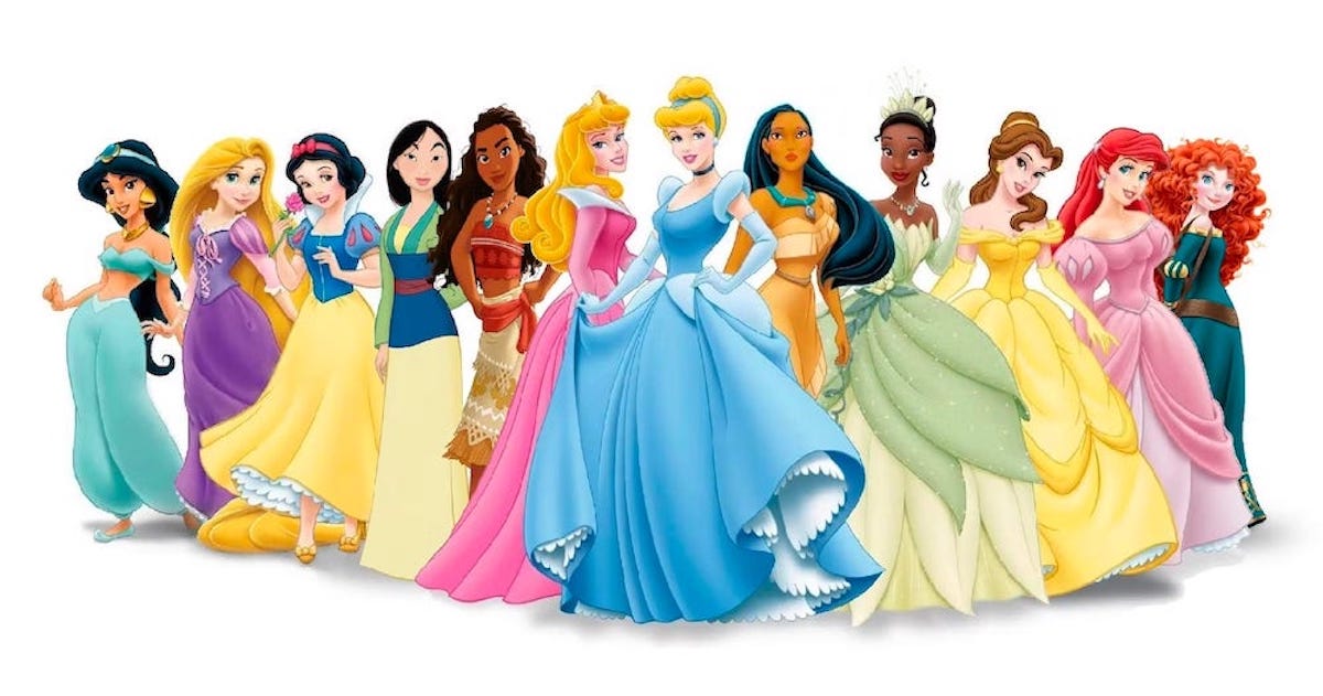 A lineup of all the animated Disney princesses.