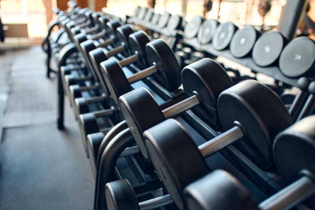 A row of weights at the gym.