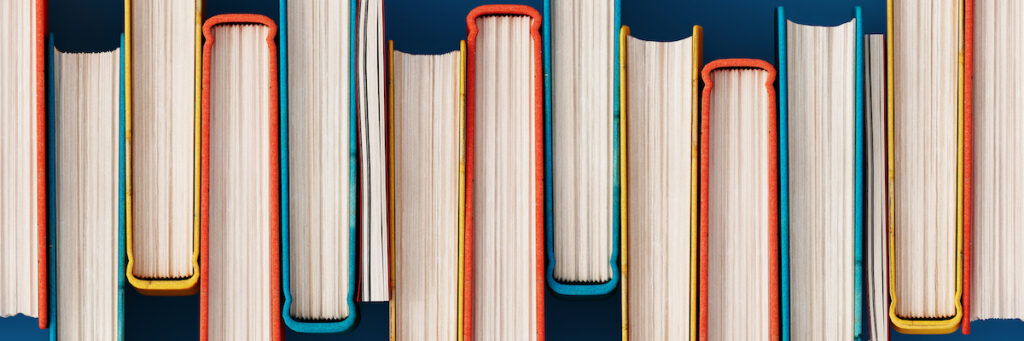 Top view of a row of colorful books.