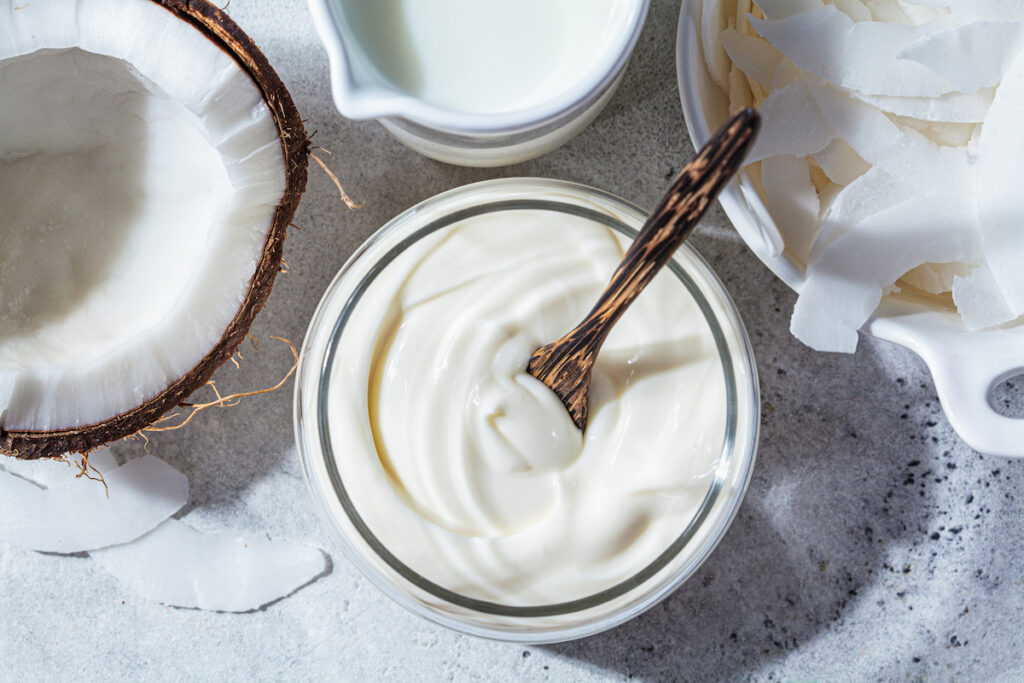 Probiotic coconut products on a table.