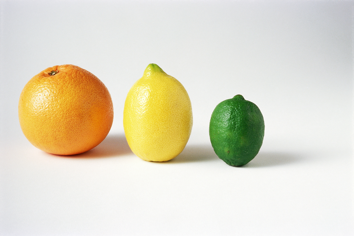 Round citrus fruit arranged to look like breasts.