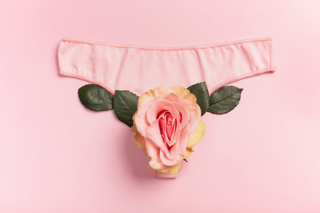 A pink underwear with a flower.