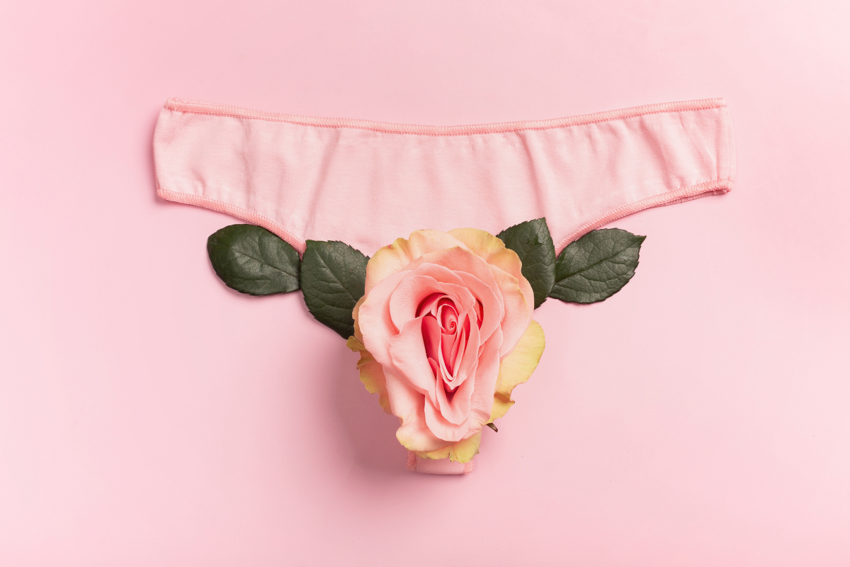 A pink underwear with a flower.