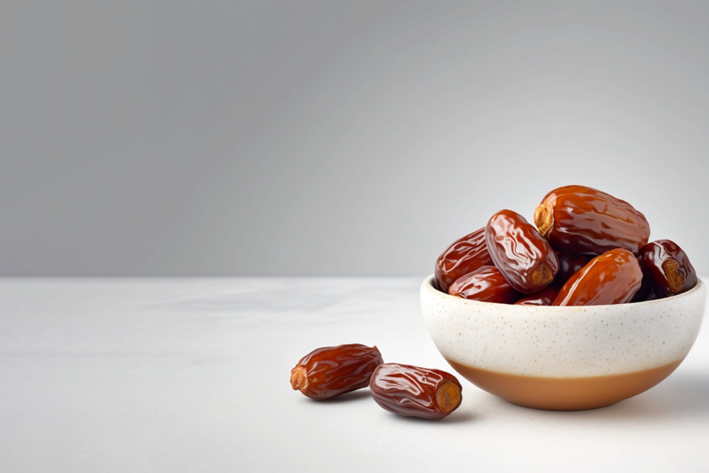 A bowl of dates and a two date by the side.