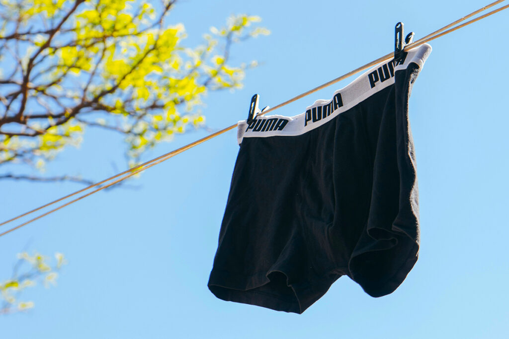An underwear hanging in the line.