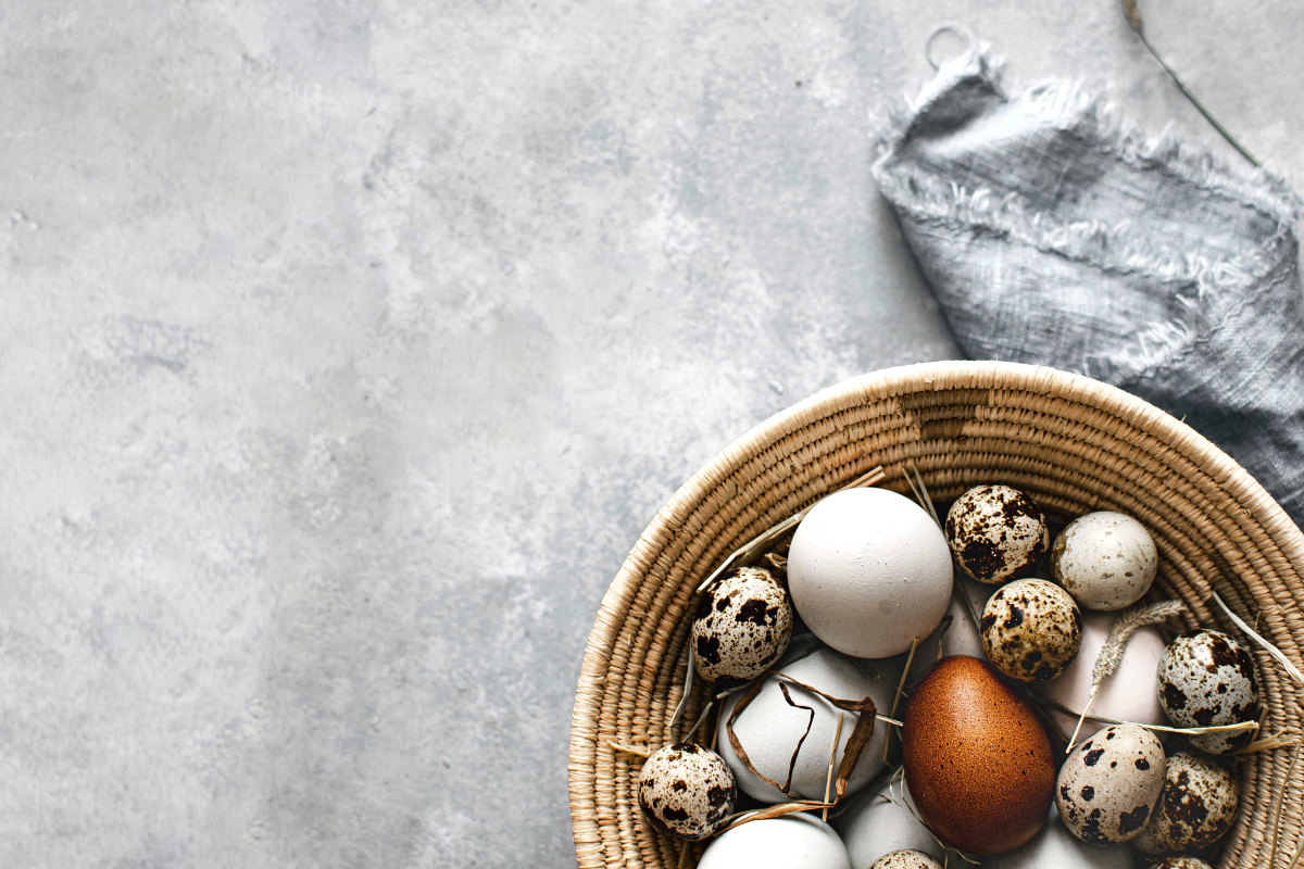 A basket of variety of eggs.