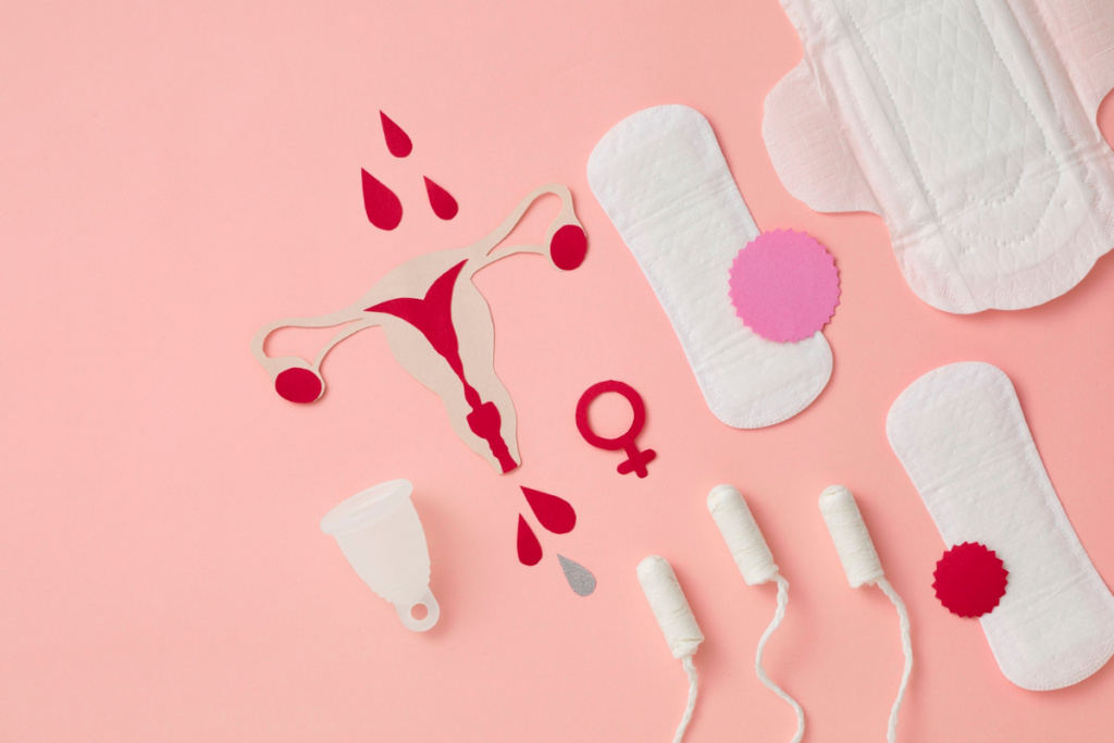 Tampons, paper cut uterus, sanitary napkins and menstrual cups.